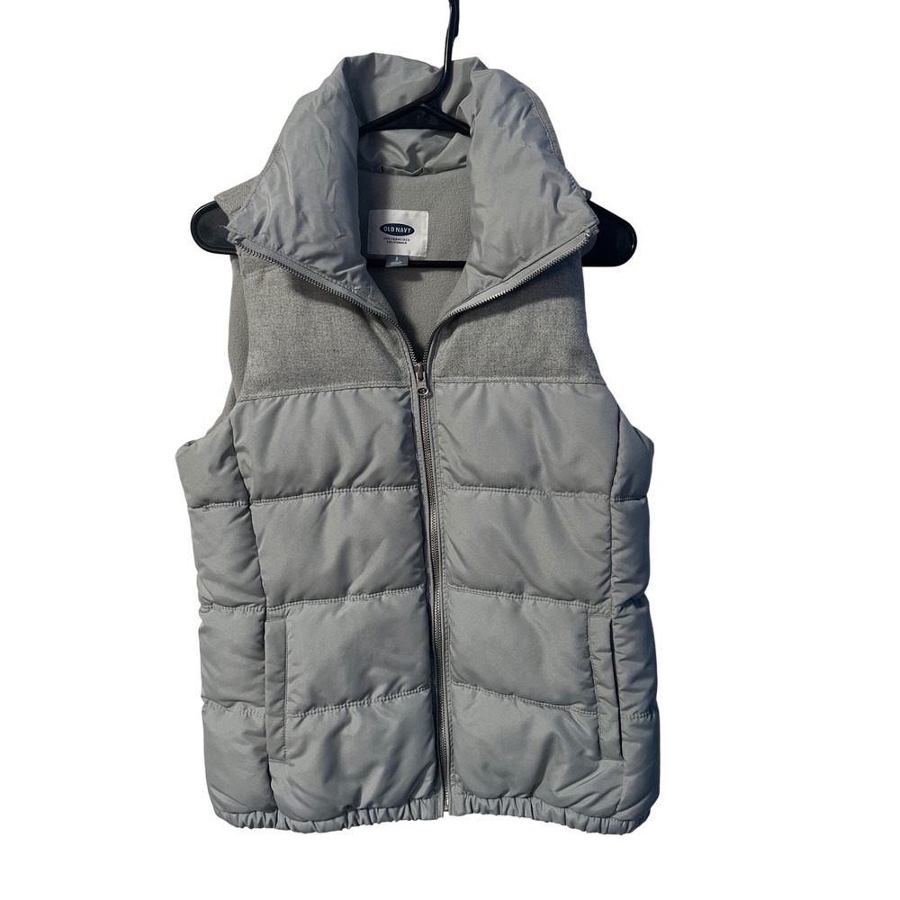 Old Navy Womens Puffer Vest Light Gray Mixed Media Fleece Lined Full Zip Small‎